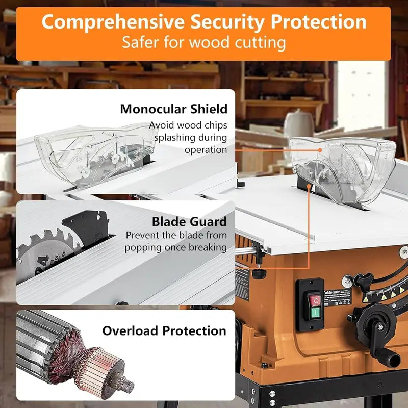 10 Inch Table Saw, 15 Amp 5000RPM Powerful Tablesaw With Stand & Protective Cover