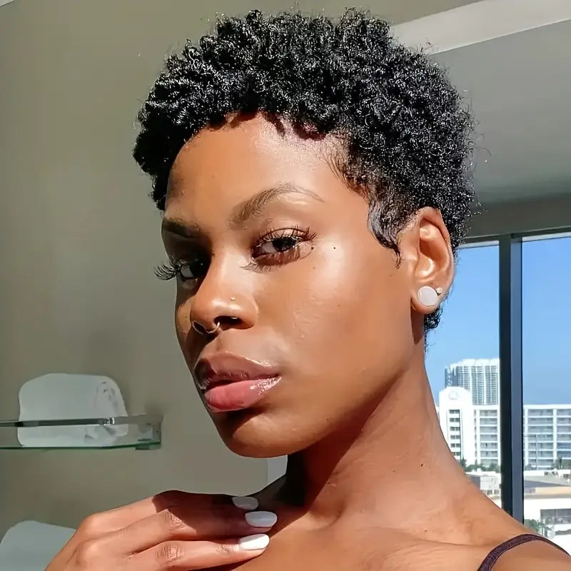180% Density Glueless 6 Inch Afro Curly/Kinky Brazilian Remy Human Hair Wig for Women