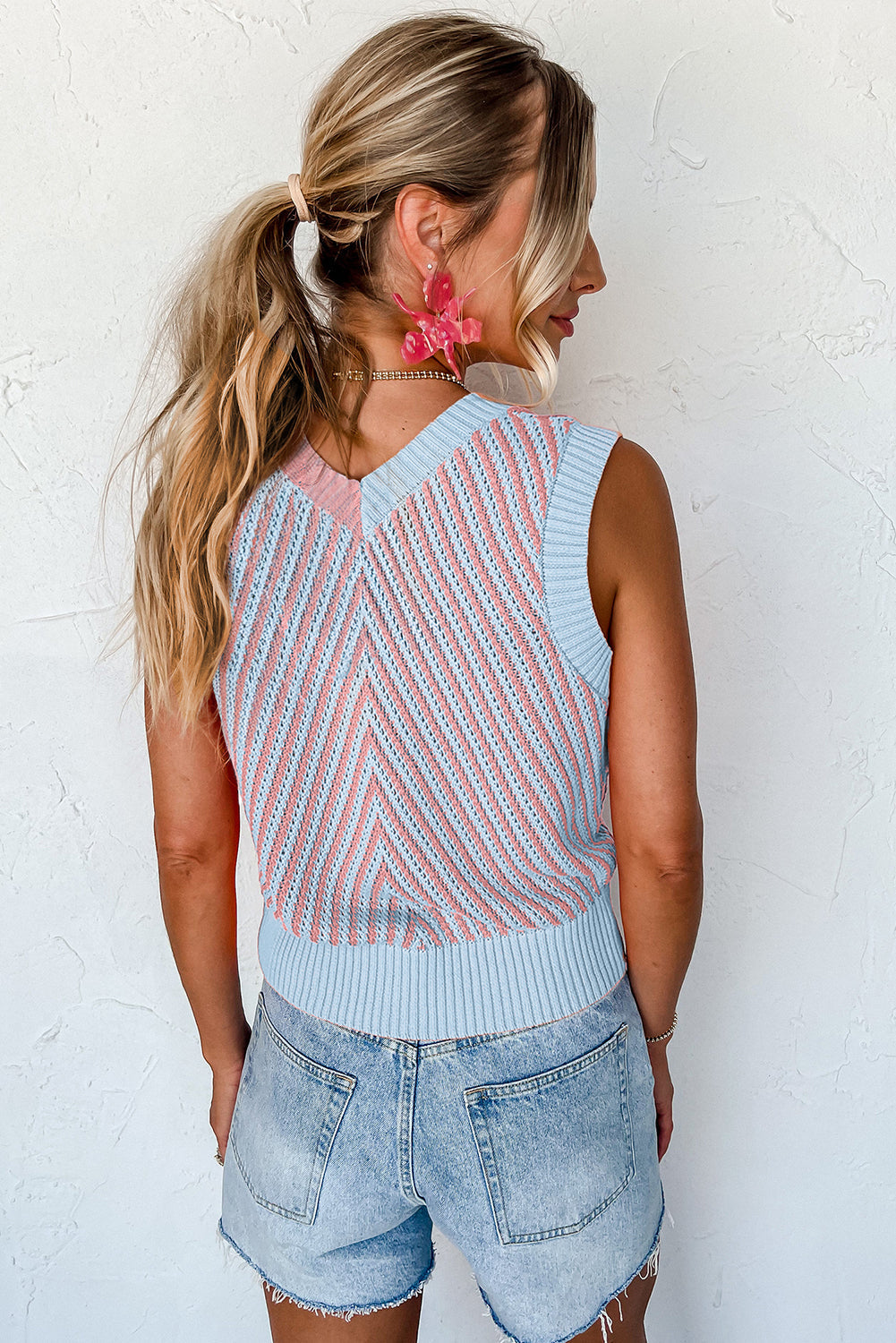 Strawberry Pink Contrast Chevron V Neck Knitted Vest
