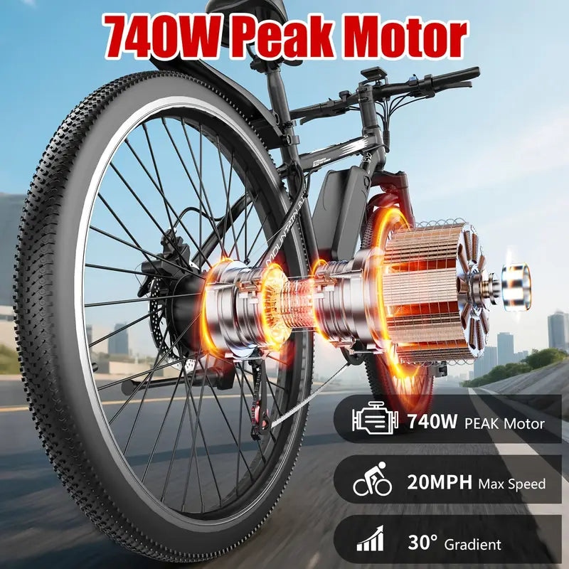 26-Inch Adult Electric Bicycle, Peak 740W Brushless Motor, 20MPH
