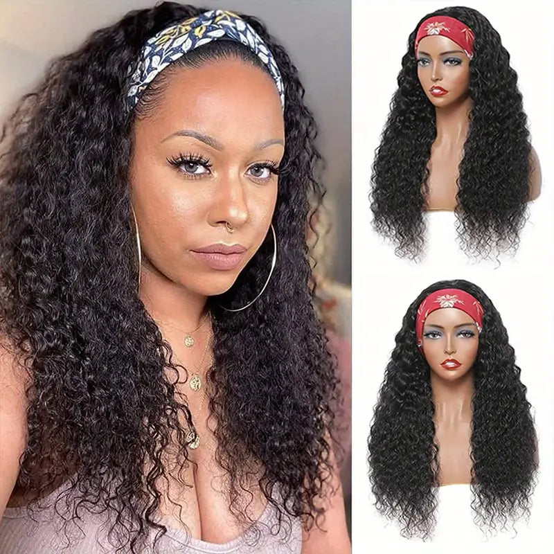 Headband Wig Human Hair Curly Headband Wigs for Human Hair Glueless None Lace Front Wigs Brazilian Virgin Hair Wig Machine Made 180% Density Natural Black Color Breathable