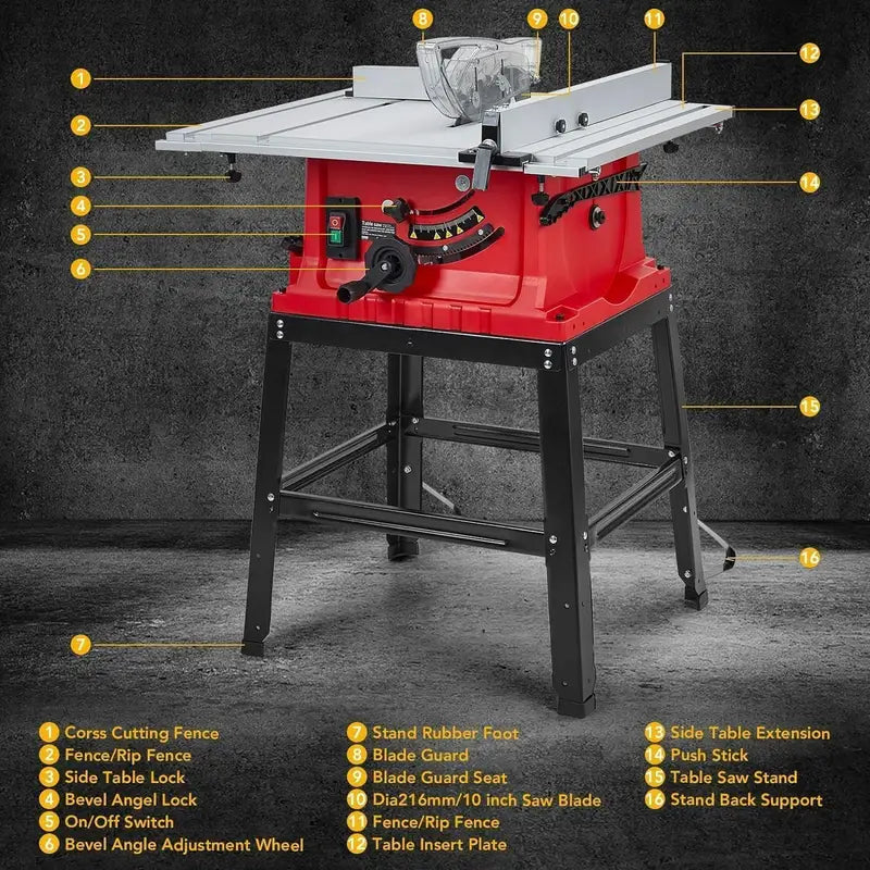 10 Inch Table Saw, 15 Amp 5000RPM Powerful Tablesaw With Stand & Protective Cover