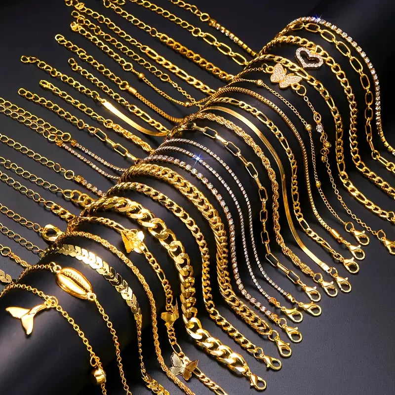 22pcs Vintage Rhinestone Metal Geometric Anklet Set - Multi-Layer Stacking Chain Style