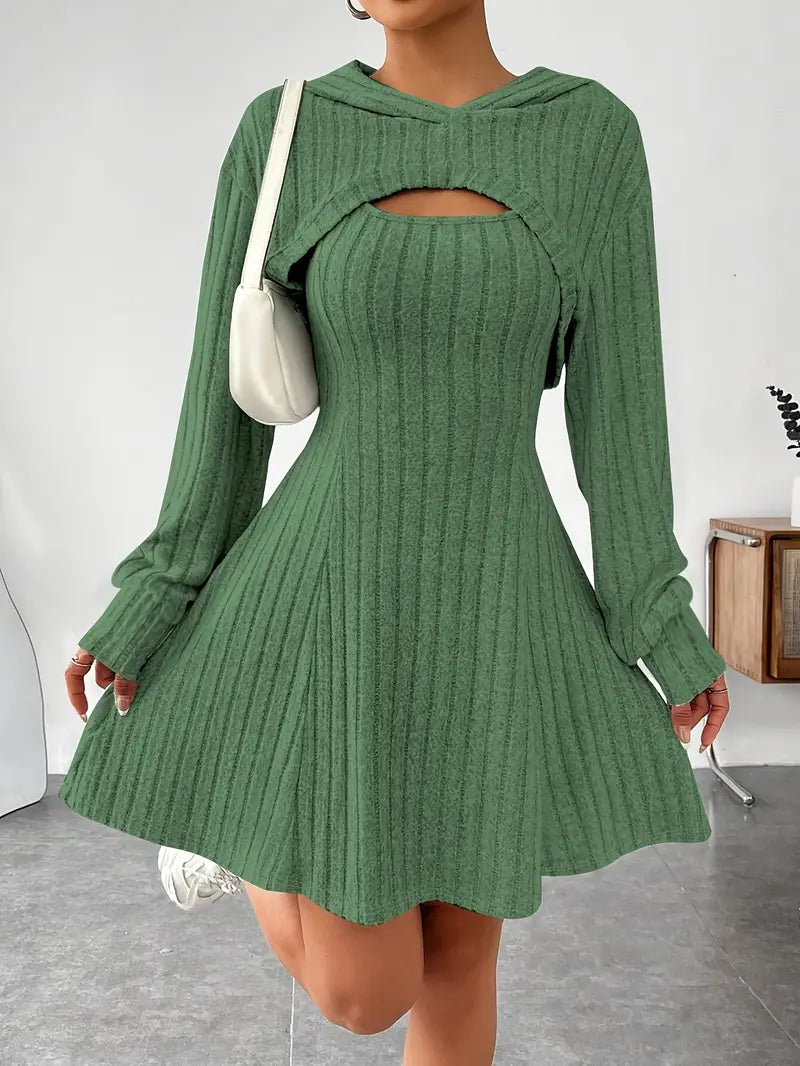 Ribbed Texture Two-Piece Set - Fashionable Short Top And Dress for Women