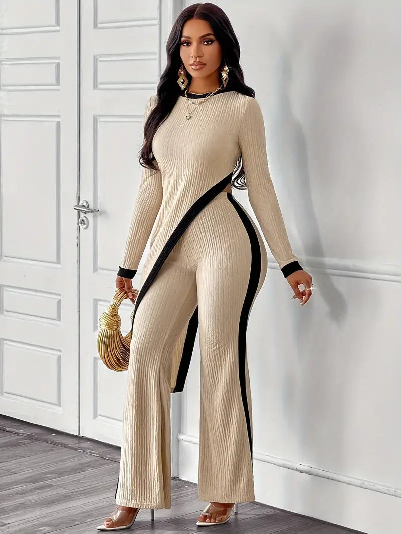 2pcs set for women with asymmetric hem T-shirt and bell-bottom pants set