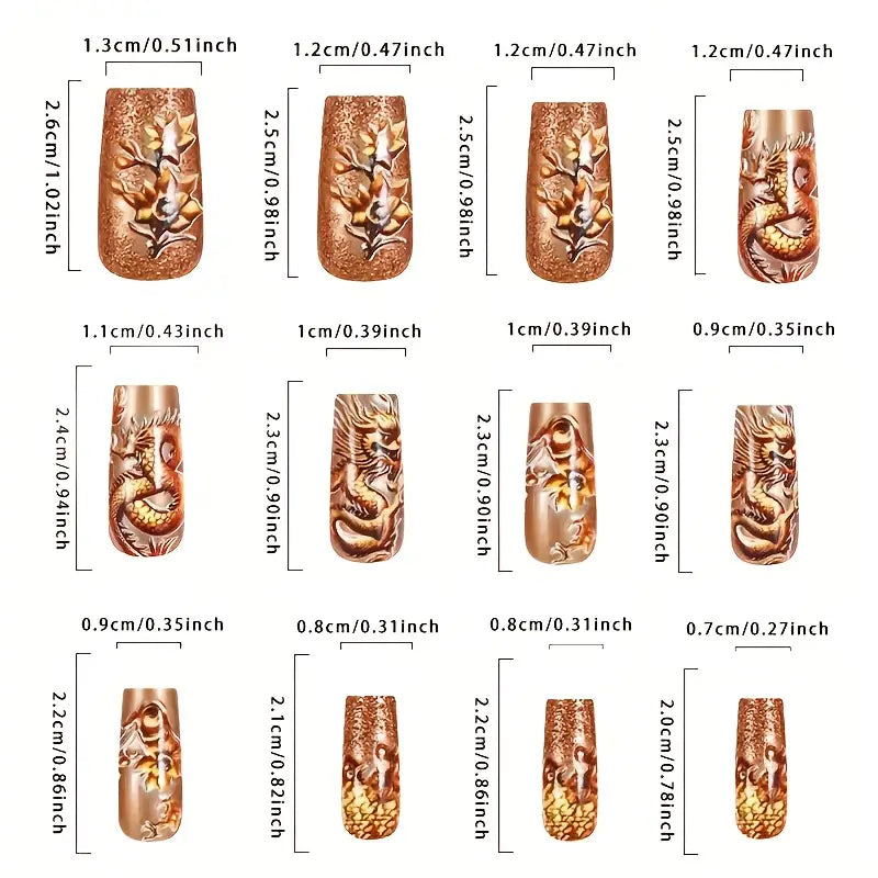 Golden Dragon & Floral Design Press-On Nails - Sparkling Metallic Finish