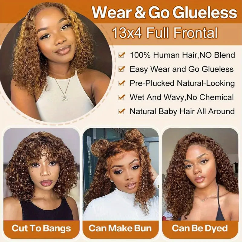 250% Density 4/ 27 Ombre Highlight Deep Wave Curly Bob Wigs Human Hair Pre Plucked Put On And Go Glueless 13x4 HD Honey Blonde Highlight Lace Front Wig Human Hair for Women Wet And Wavy
