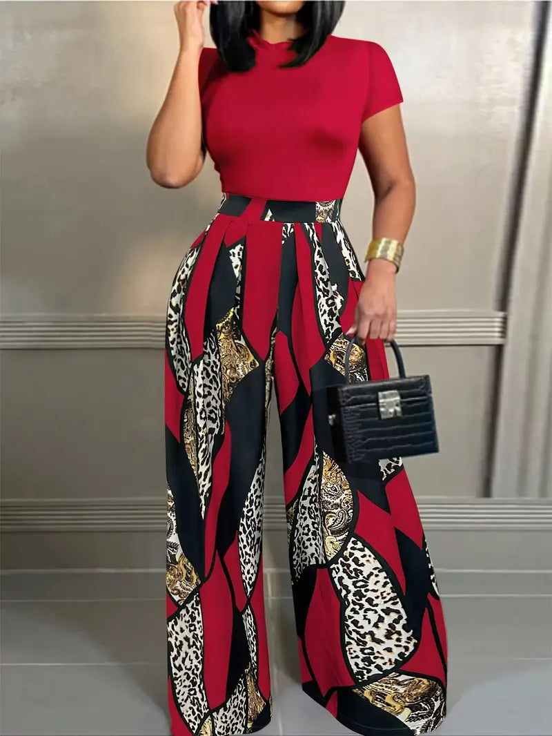 2pcs Set of Short-sleeved Slim-fit T-shirts + Elastic Waist Design Printed Wide-leg Pants for Summer