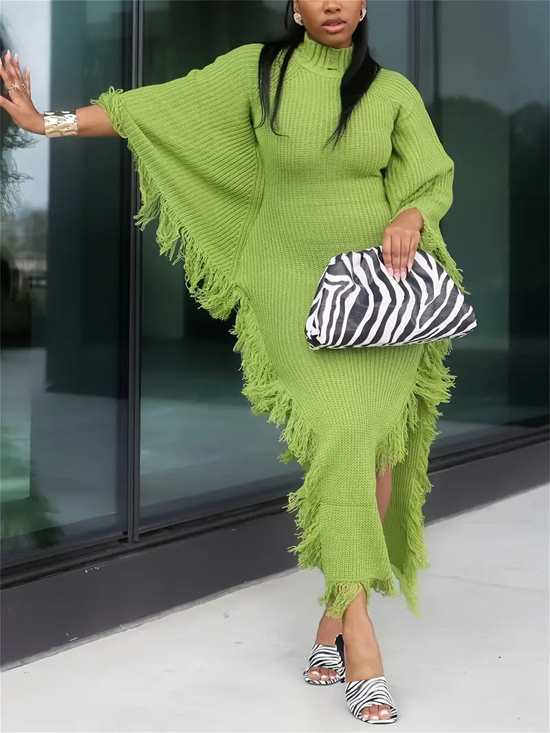 Fringe Trim Sweater Dress For Women, Batwing Long Sleeve High Neck Maxi Dress With Asymmetrical Hem
