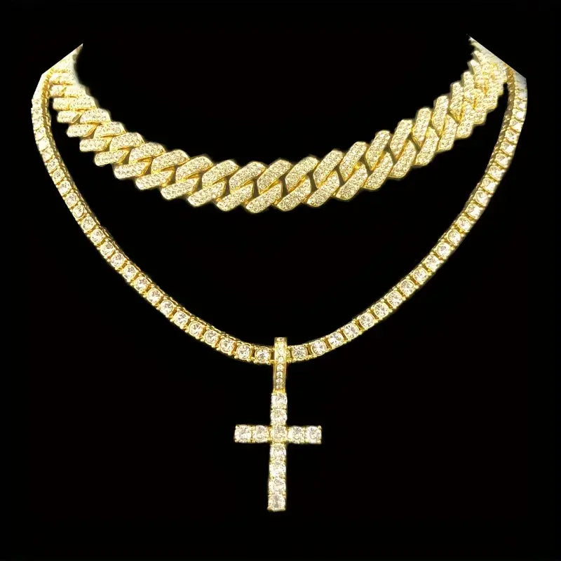 2-piece Men's Cross Pendant Necklace and Cuban Chain Set