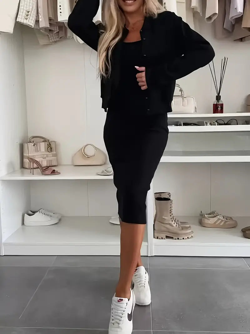 Two-piece Summer And Autumn Clothing Women's Solid Color Casual Slip Dress