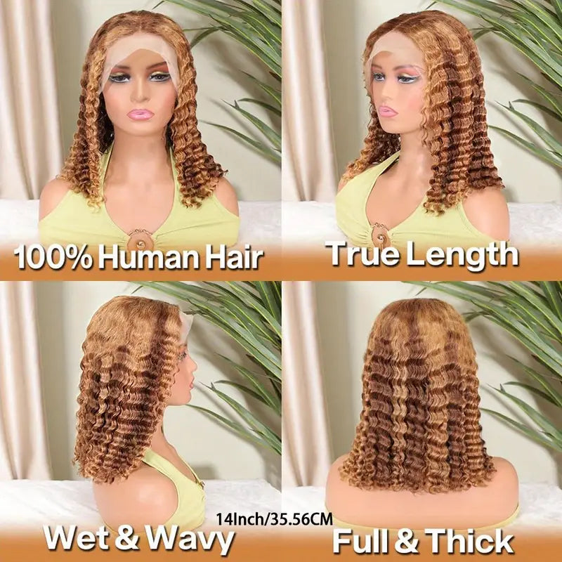 250% Density 4/ 27 Ombre Highlight Deep Wave Curly Bob Wigs Human Hair Pre Plucked Put On And Go Glueless 13x4 HD Honey Blonde Highlight Lace Front Wig Human Hair for Women Wet And Wavy