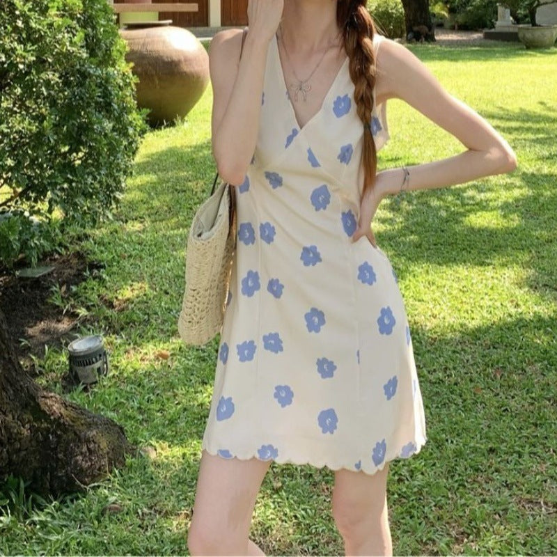 Retro Gentle Flowers V-neck Sleeveless Vest Dress