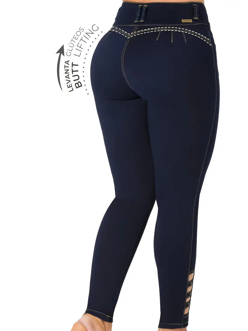 Women's High-Waisted Stretchy Slim-Fit Dark Blue Distressed-like Leg Jeans