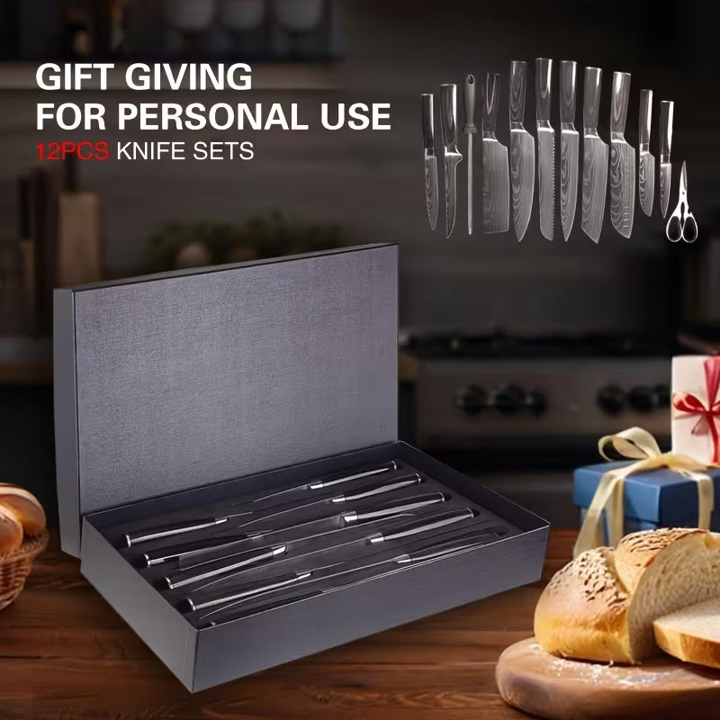 12 Damascus Pattern Kitchen Knives, Stainless Steel Chef'S Knife