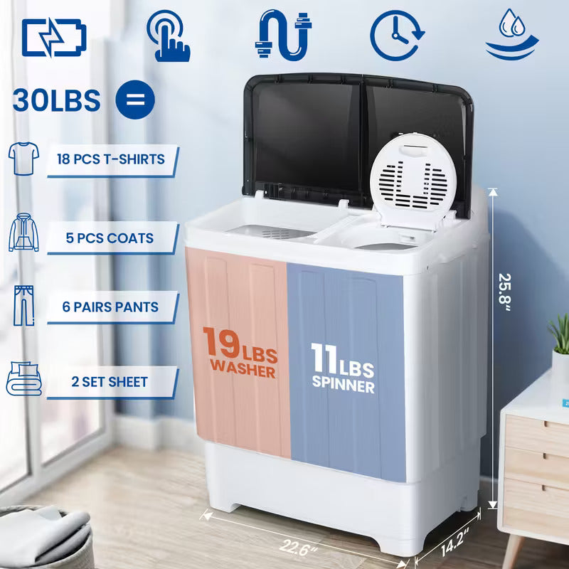 30lbs Portable Washer, Twin Tub Washer and Dryer Combo Laundry Washing Machine