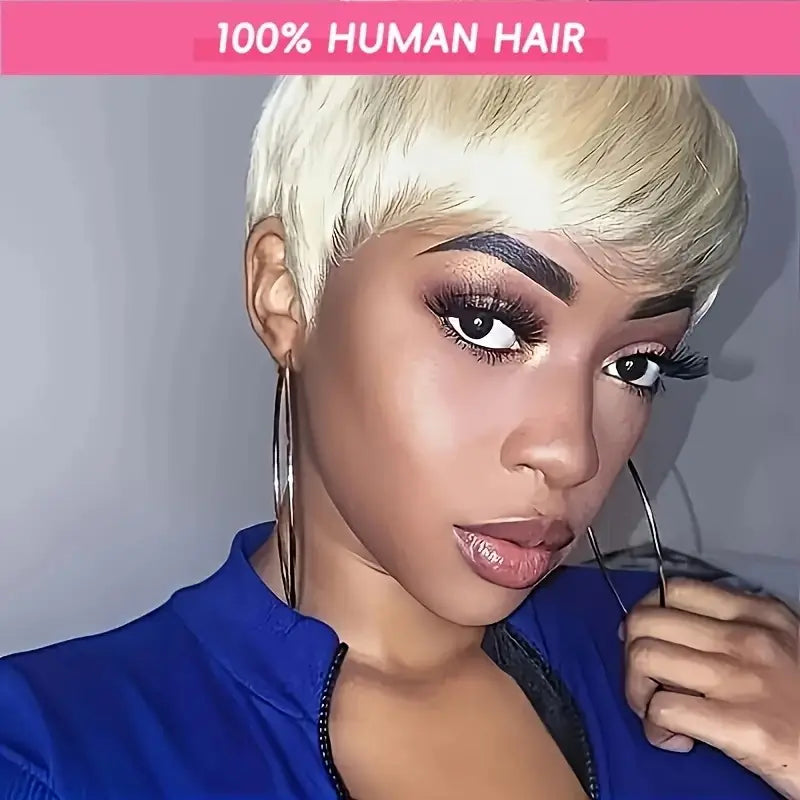 150% Density Brazilian Human Hair Short Pixie Cut Wig for Women with Bangs