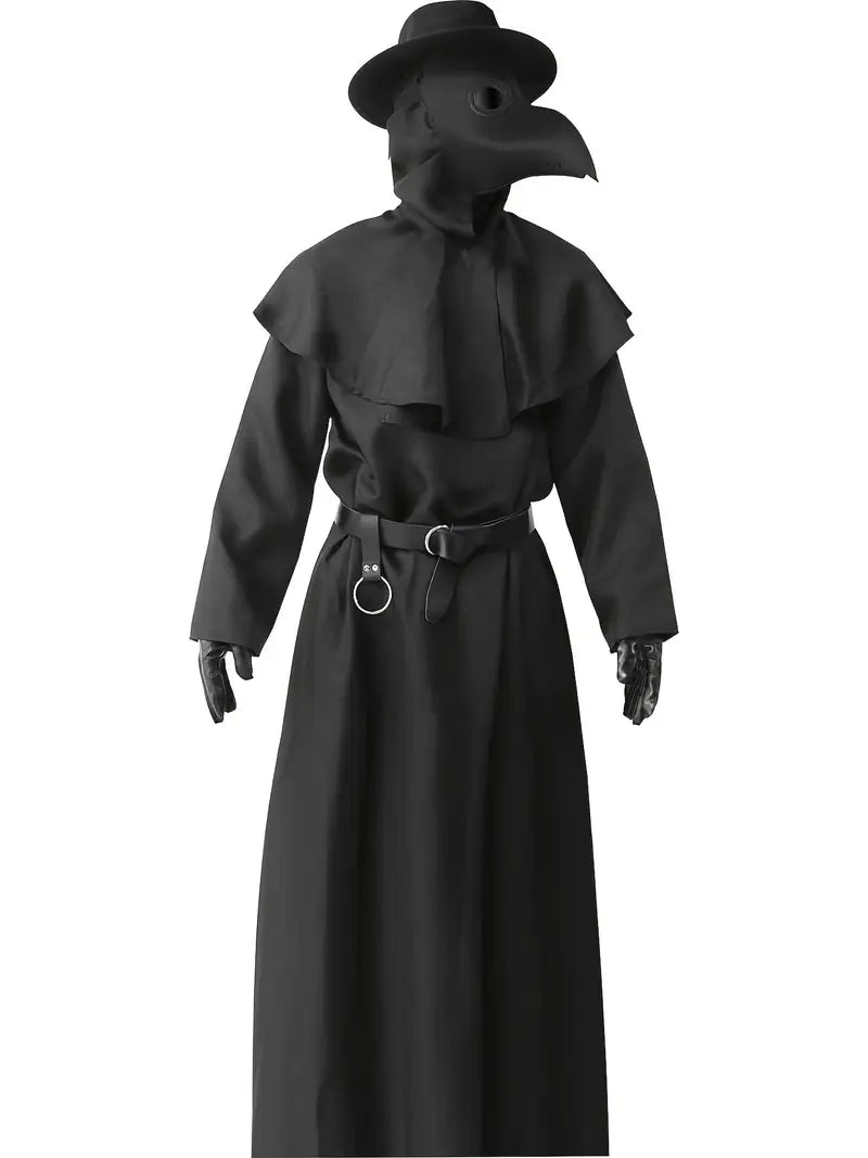 Halloween Costume Compatible for Plague Doctors with Bird Beak Mask, Black Cloak Robe with Hood