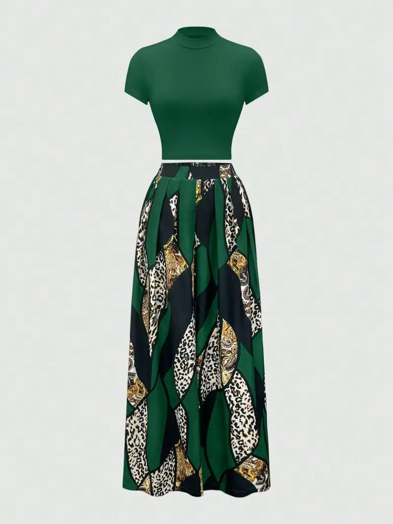 2pcs Set of Short-sleeved Slim-fit T-shirts + Elastic Waist Design Printed Wide-leg Pants for Summer