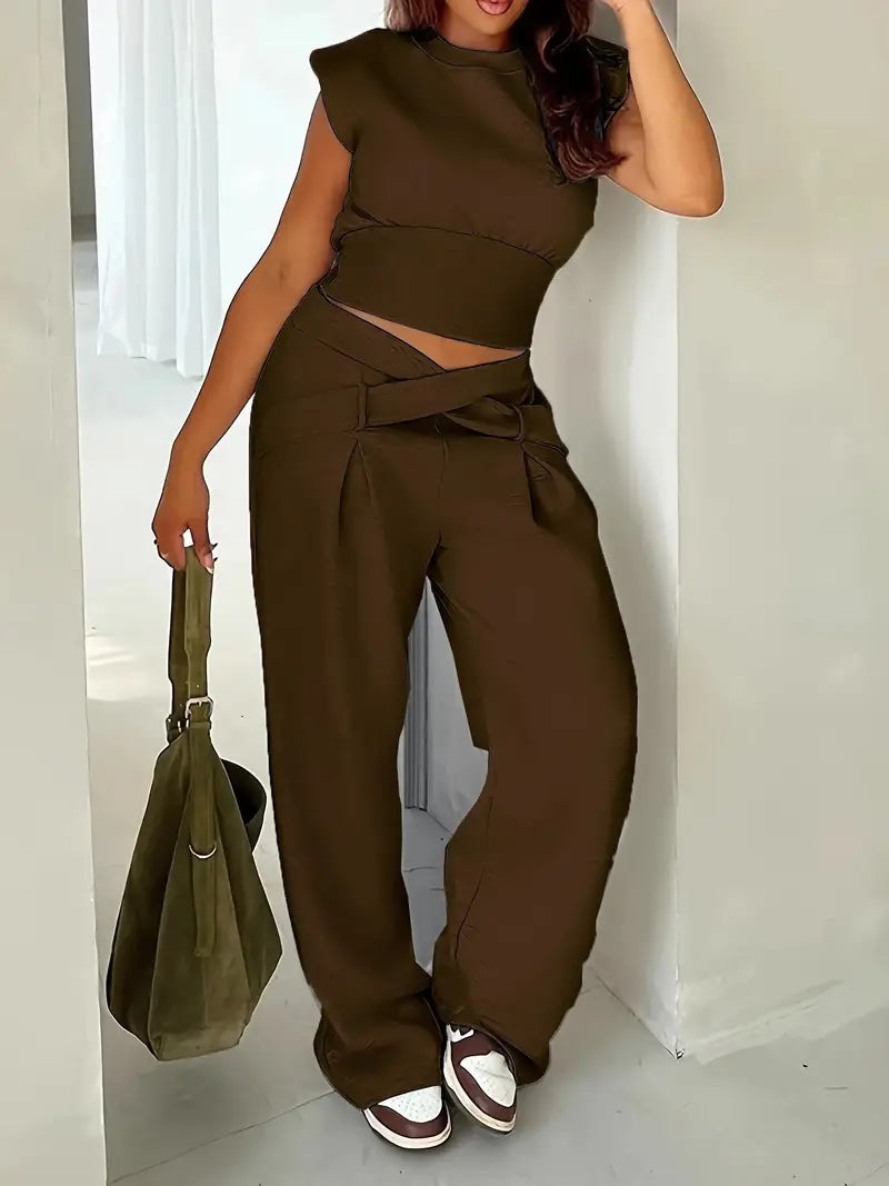 Long Sleeve Loose Top Polyester Blend Women'S Casual Solid Color Ribbed Pantsuit Set