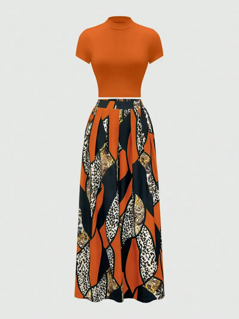 2pcs Set of Short-sleeved Slim-fit T-shirts + Elastic Waist Design Printed Wide-leg Pants for Summer