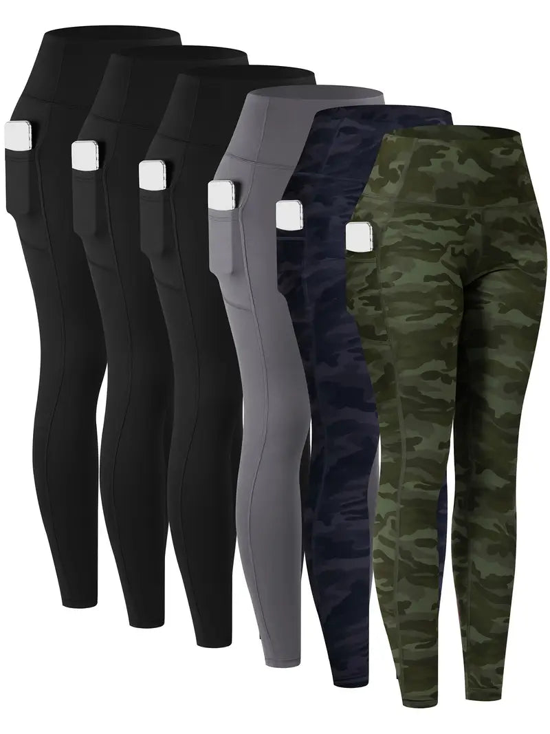 6pcs Women's High-Waisted Leggings - Non-See-Through Pants with Side Pockets