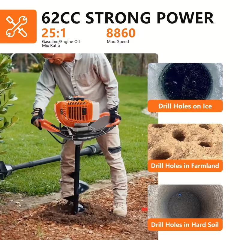 62CC Auger Post Hole Digger With 2 Auger Drill Bits(6" & 8") + 1 Extension Rods, 2 Stroke Gas Powered Earth Post Hole Digger