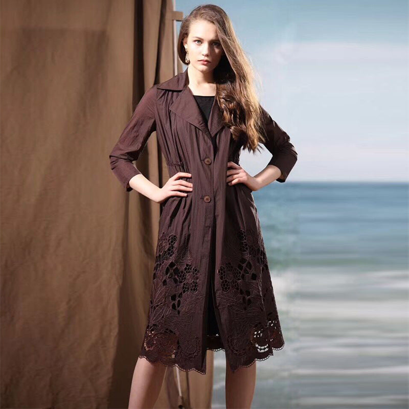 Summer New Mid-length Large Size Retro Thin Embroidery Hollow Women's Long-sleeved Windbreaker