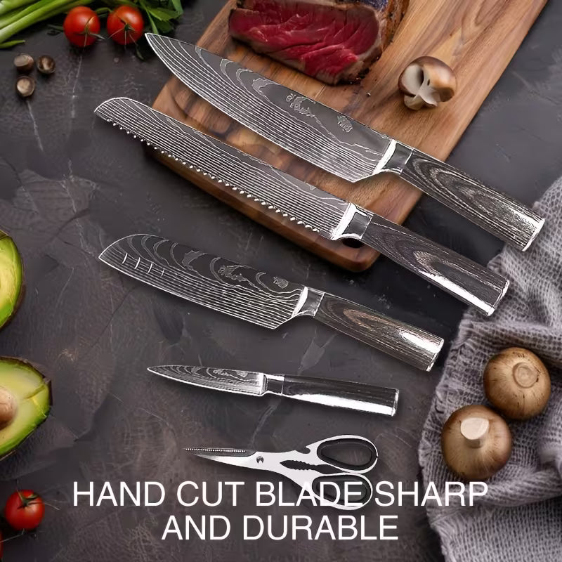 12 Damascus Pattern Kitchen Knives, Stainless Steel Chef'S Knife