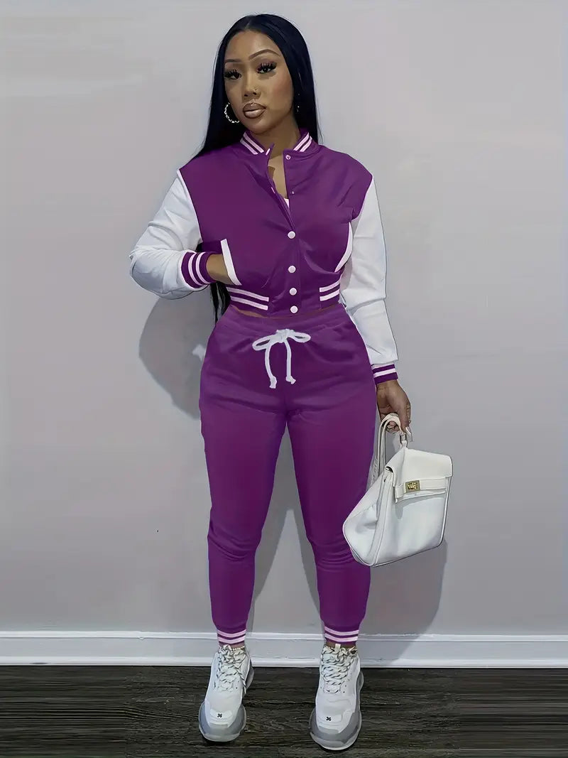 Women'S Baseball Jacket and Jumpsuit Set - Casual Two-Piece with Drawstring Waist, Button-Up Collar