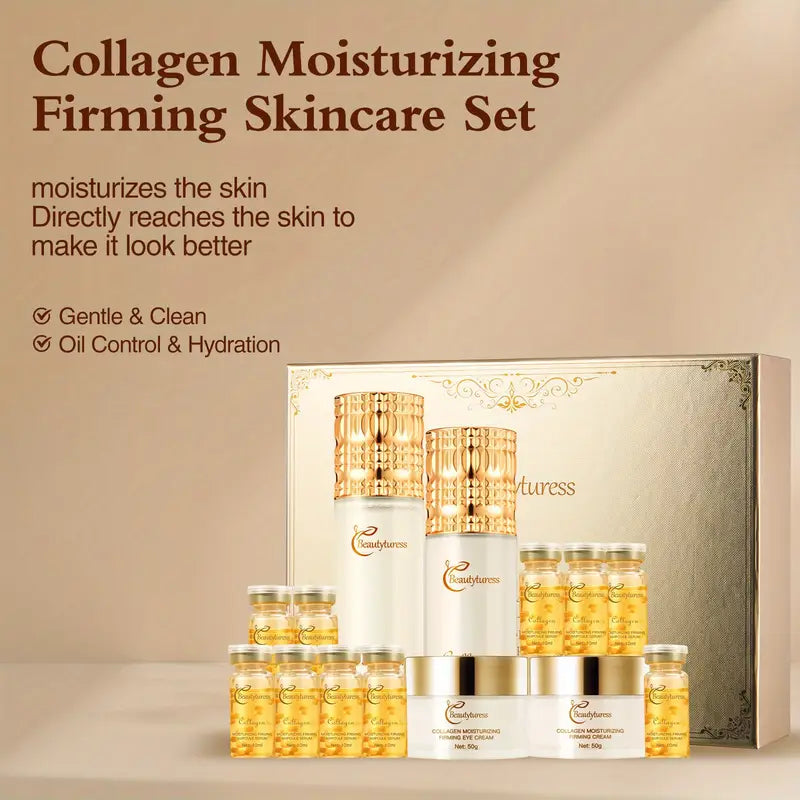 Luxury Collagen Skincare Set for for Sensitive Light Beige - 14pcs/ Set - with Collagen, Niacinamide, Hyaluronic Acid - Deep Moisturizing