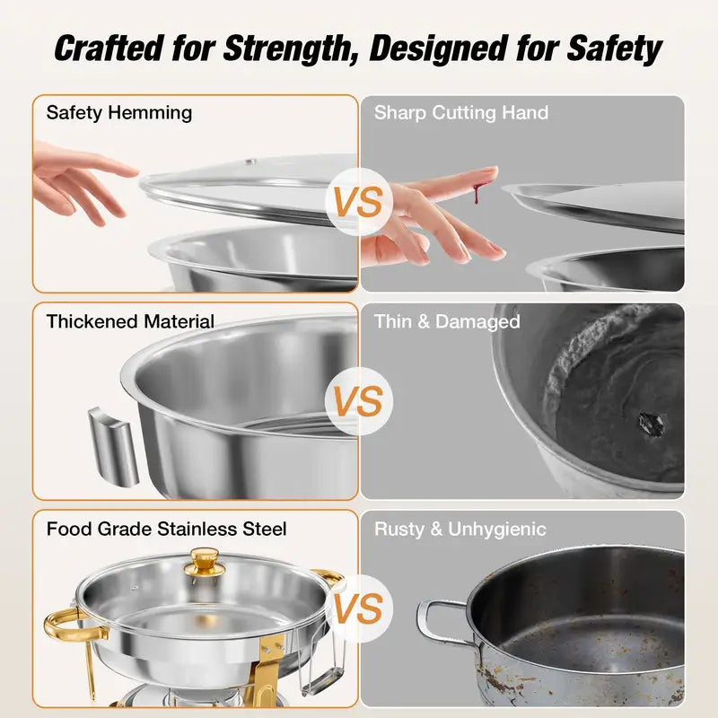 WARMOUNTS 2/4 Pack Golden & Silvery 5QT Chafing Dishes for Buffet with Glass Lid - Food-Grade Stainless Steel Chafers and Buffet Warmers with Lid Holder