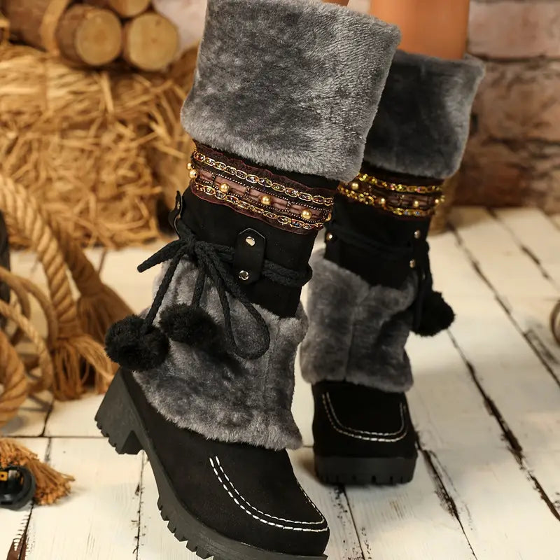 Women's Mid-Calf Boots, Autumn and Winter High Heel Ankle Boots with Faux Fur Lining