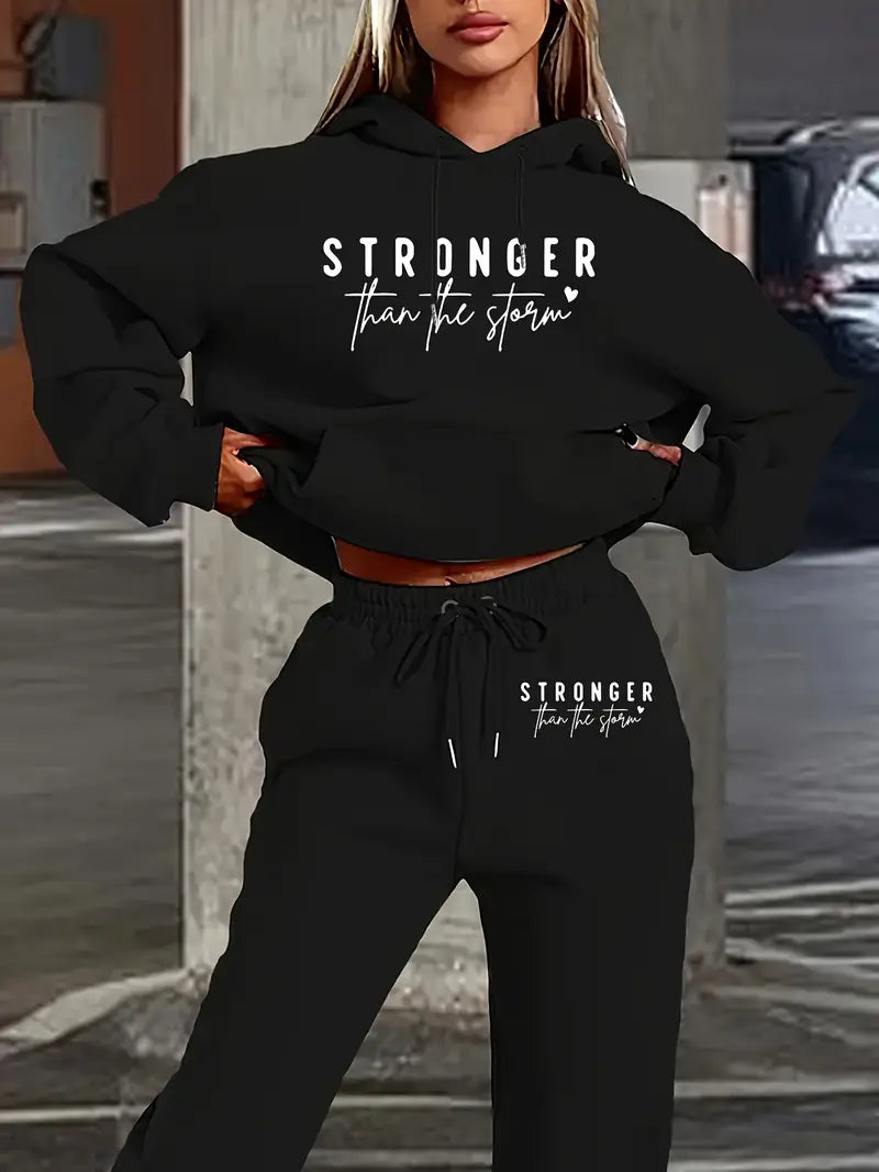 Women's Casual Two-Piece Set - "Stronger Than the Storm" Letter Print Hoodie & Drawstring Pants