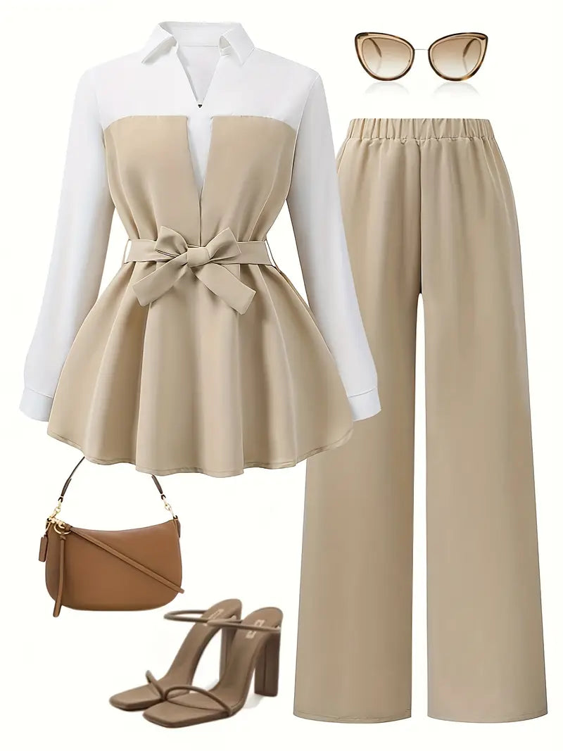 2pcs Set Of Long-sleeved Shirt And Pants for Casual Wear And Commuting, Featuring Bowknot Details