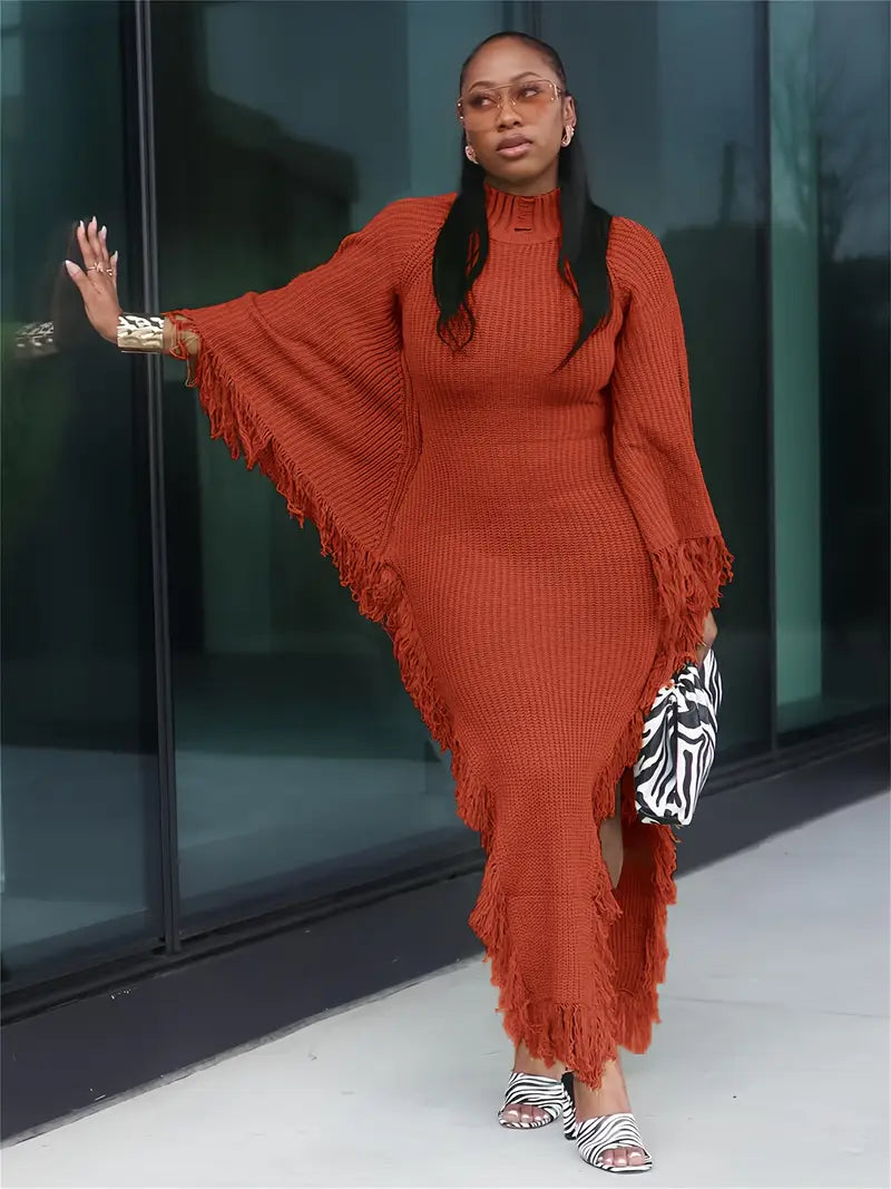 Fringe Trim Sweater Dress For Women, Batwing Long Sleeve High Neck Maxi Dress With Asymmetrical Hem