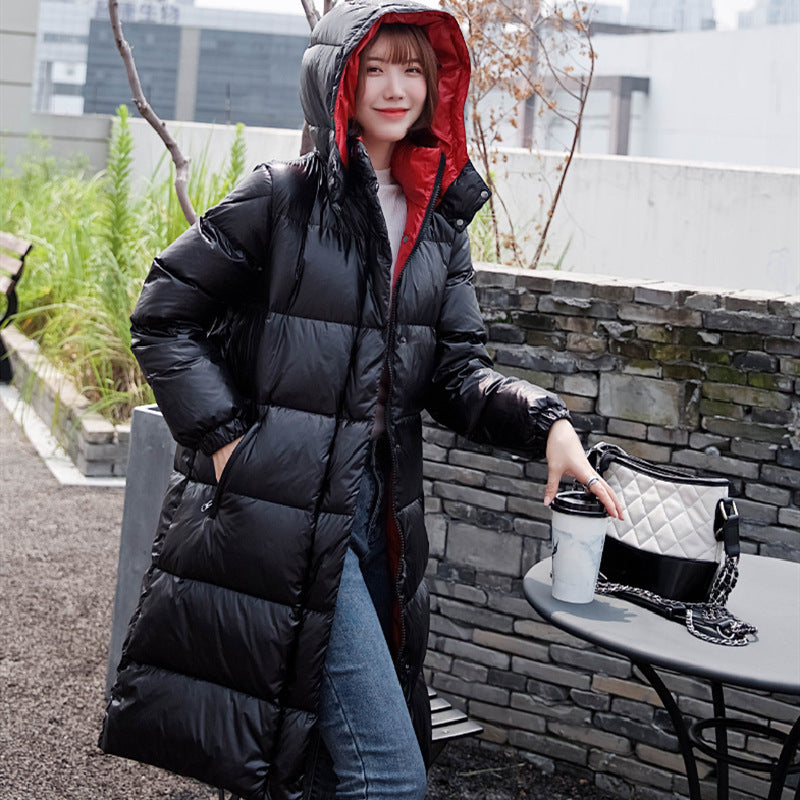 Shiny contrast color hooded straight padded down jacket