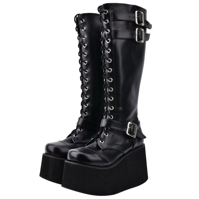 Punk lace up zipper gear muffin high heel boots