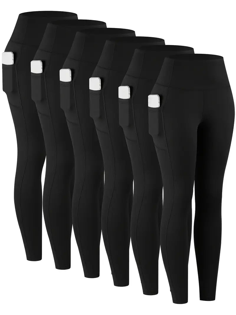 6pcs Women's High-Waisted Leggings - Non-See-Through Pants with Side Pockets