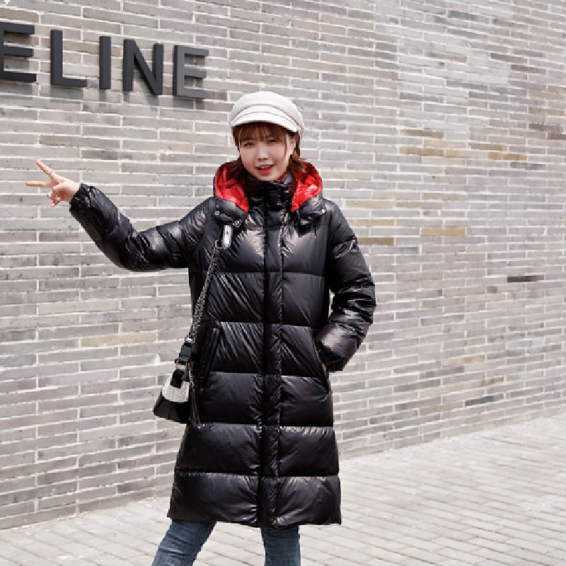 Shiny contrast color hooded straight padded down jacket
