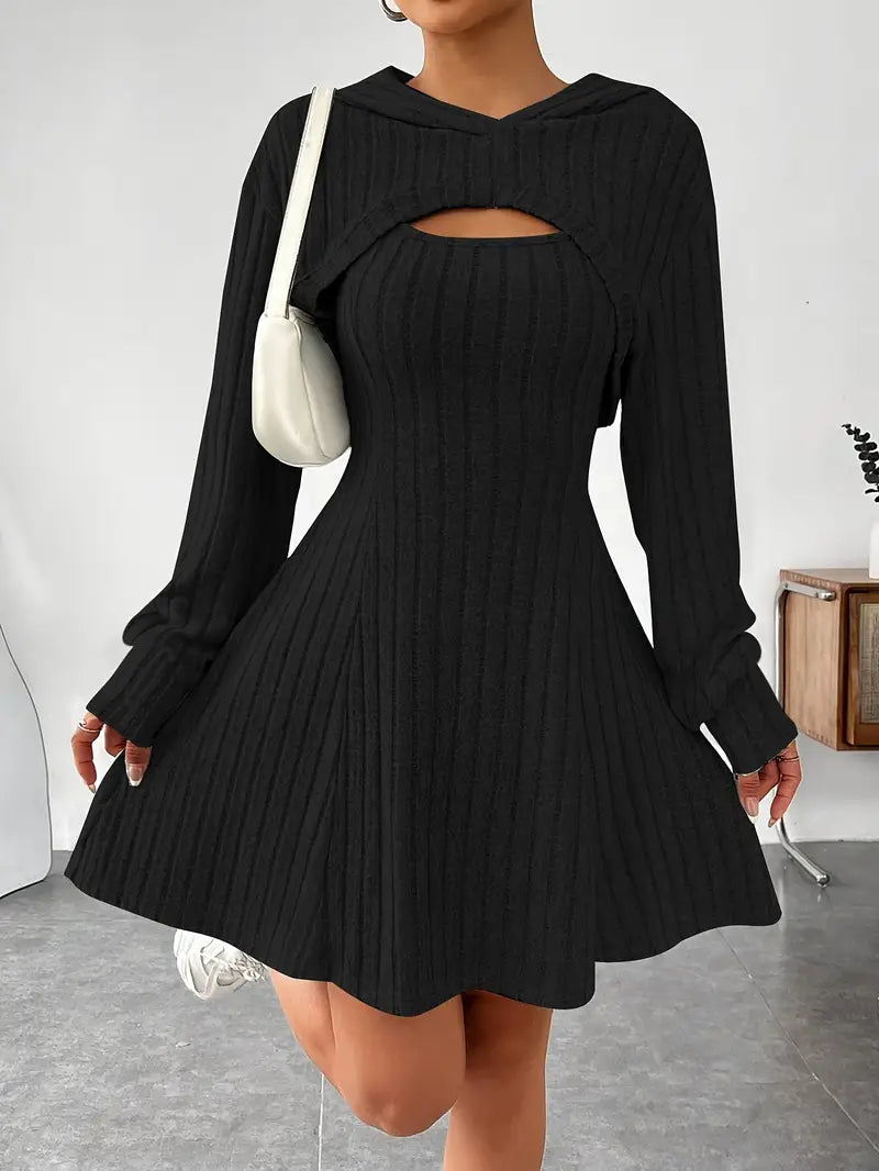 Ribbed Texture Two-Piece Set - Fashionable Short Top And Dress for Women