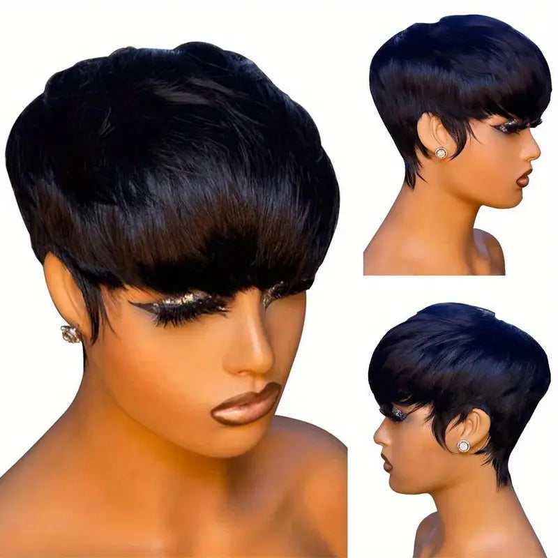 150% Density Brazilian Human Hair Short Pixie Cut Wig for Women with Bangs
