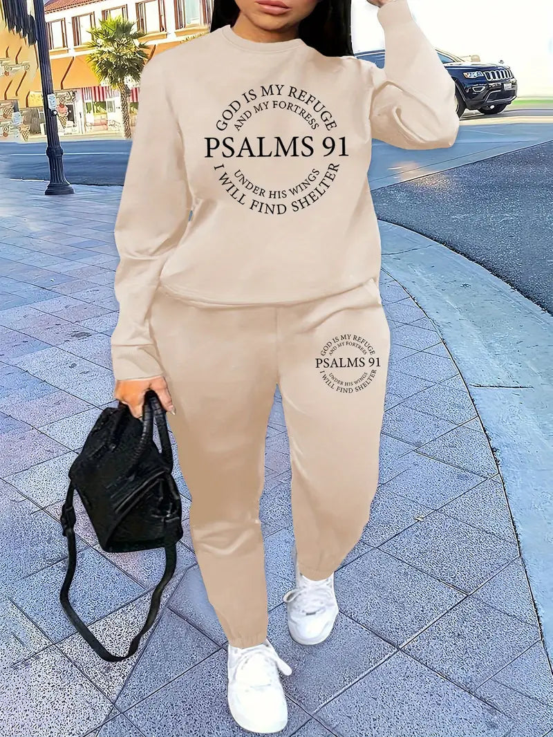 Letter Print Two Piece Set, Crew Neck Sweatshirt & Pants, Women's Clothing