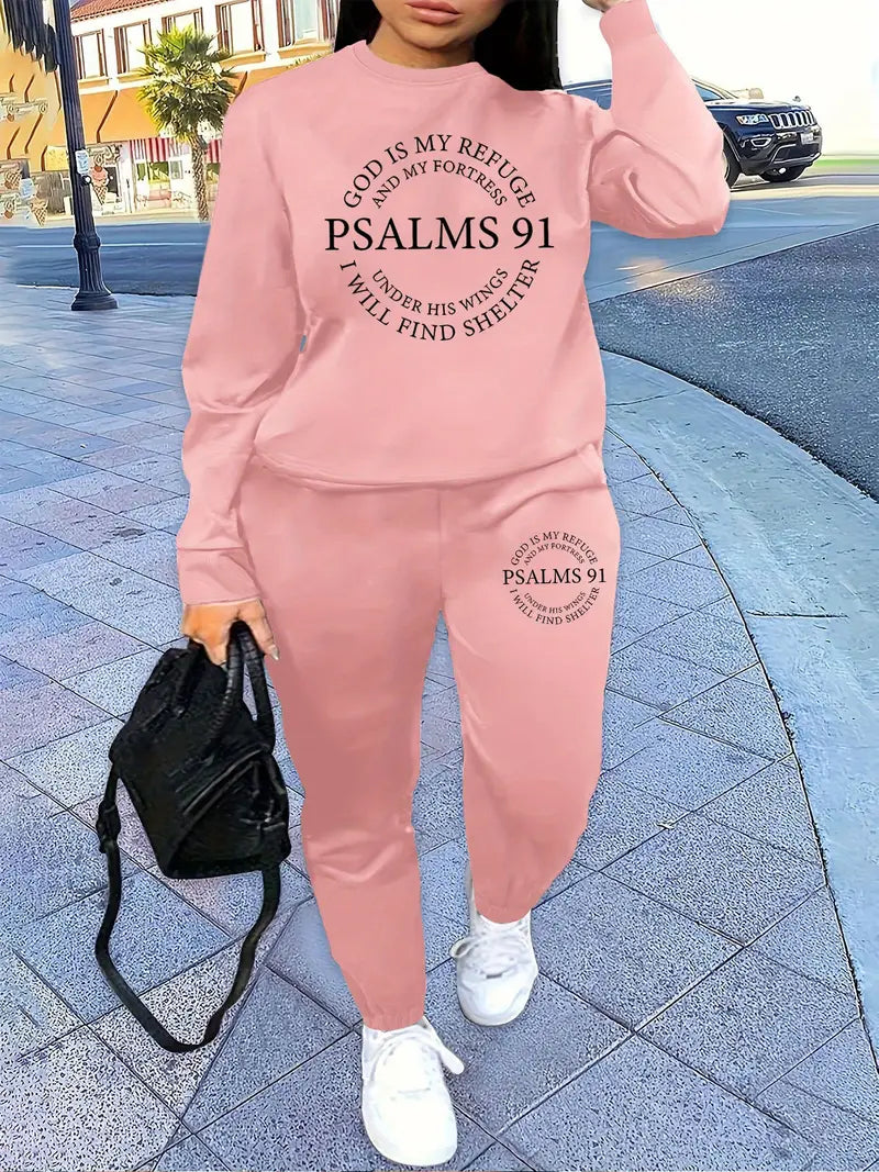 Letter Print Two Piece Set, Crew Neck Sweatshirt & Pants, Women's Clothing