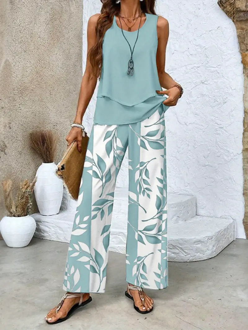 Casual Solid Color Sleeveless Top + Floral Print Wide-Leg Pants - Spring/Summer Fashion