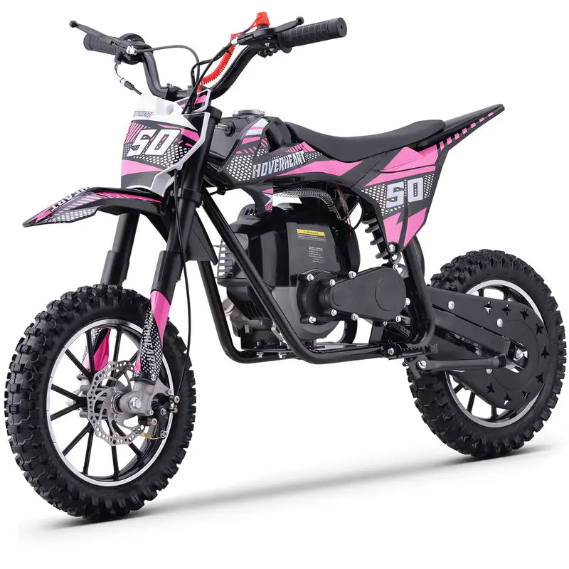 50cc 4-stroke gas motocross bike, motocross bike, top speed 25 mph, range 20 miles, disc brakes, 2.50-10 off-road tires, 165 lbs load capacity, pull start.