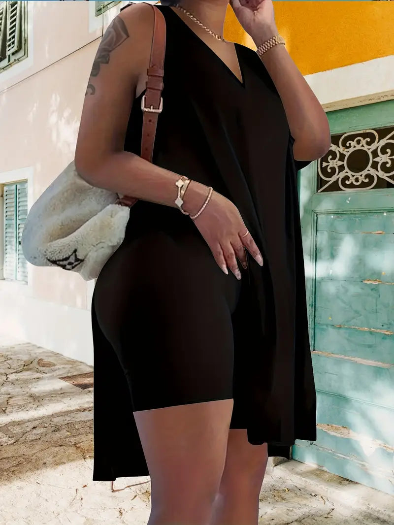 Women's 2pcs Set - Casual V-Neck Short Sleeve Top with Side Slit And Drawstring Leggings