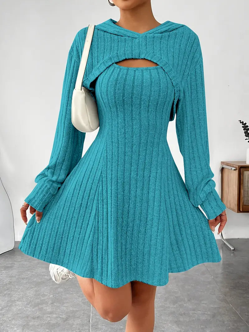 Ribbed Texture Two-Piece Set - Fashionable Short Top And Dress for Women