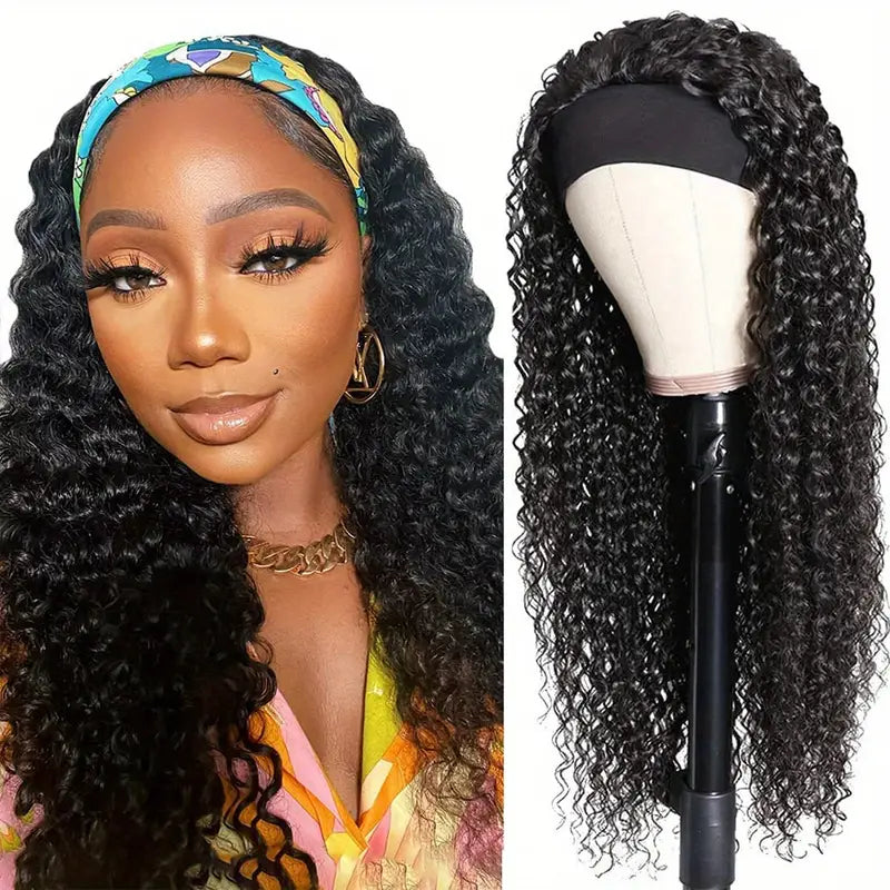 Headband Wig Human Hair Curly Headband Wigs for Human Hair Glueless None Lace Front Wigs Brazilian Virgin Hair Wig Machine Made 180% Density Natural Black Color Breathable