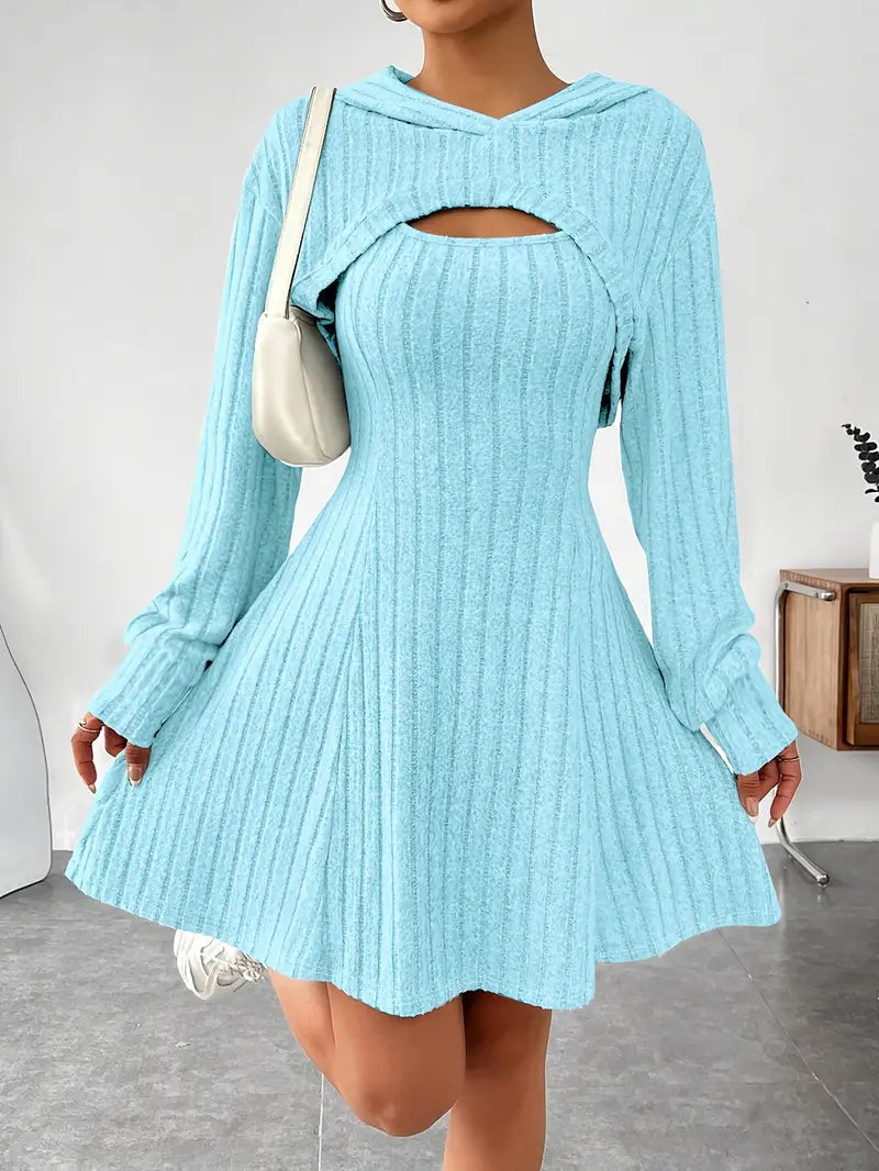 Ribbed Texture Two-Piece Set - Fashionable Short Top And Dress for Women
